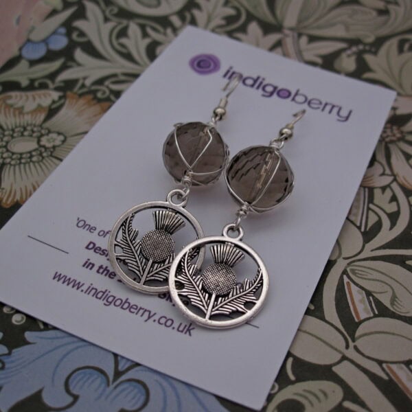 Smokey Quartz, Thistle Earrings, Silver Plated, Gift for Her