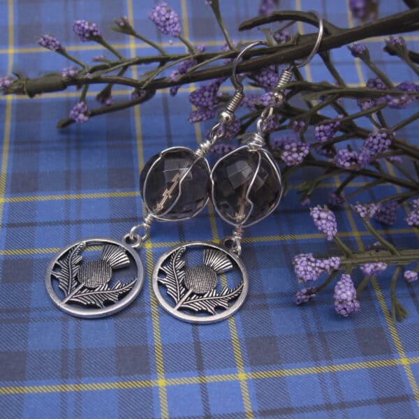 Smokey Quartz, Thistle Earrings, Silver Plated, Gift for Her