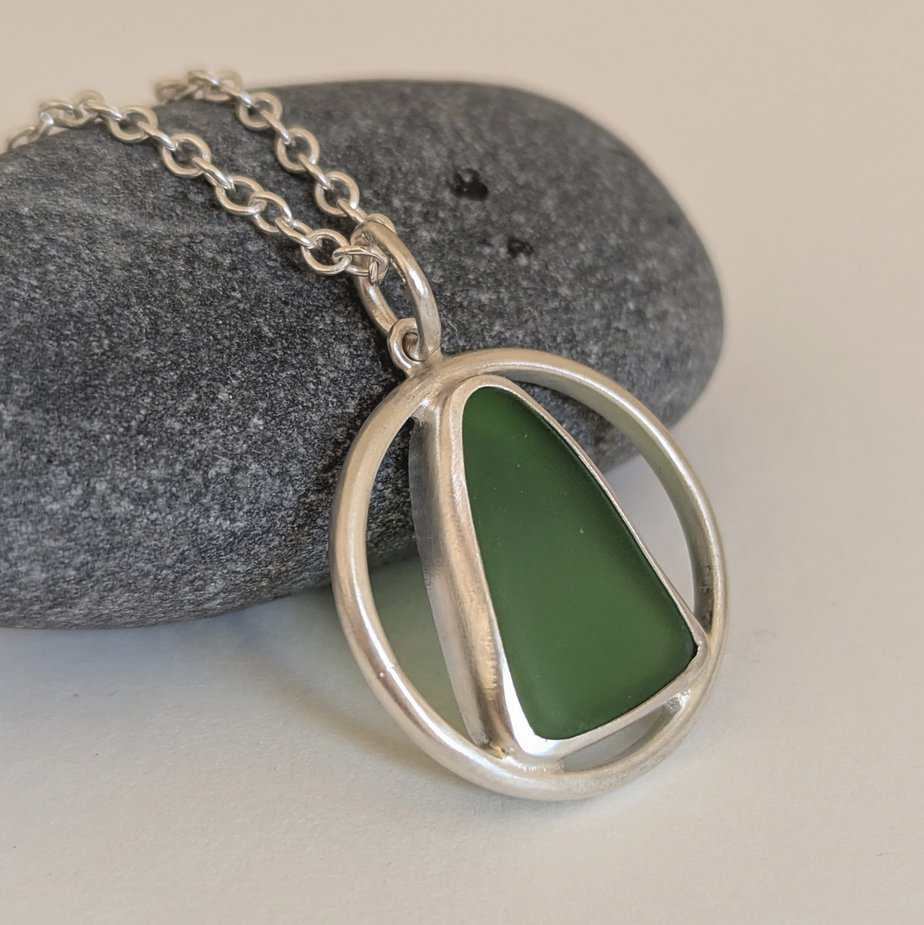 Handmade Green Sea Glass Pendant in Recycled Sterling Silver - handmade by Hazel