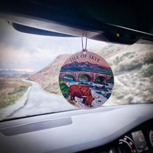 Car air freshener with Highland Cow at Sligachan Old Bridge - Image 3