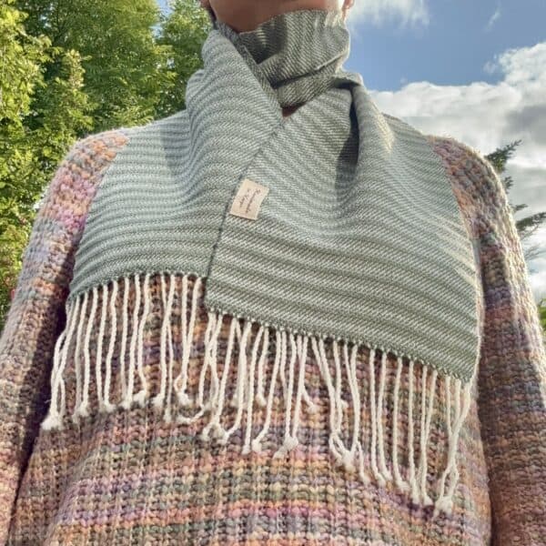 Handwoven Merino Scarf in Sage Green and Cream - handmade by Handmade In Hope (view 2)
