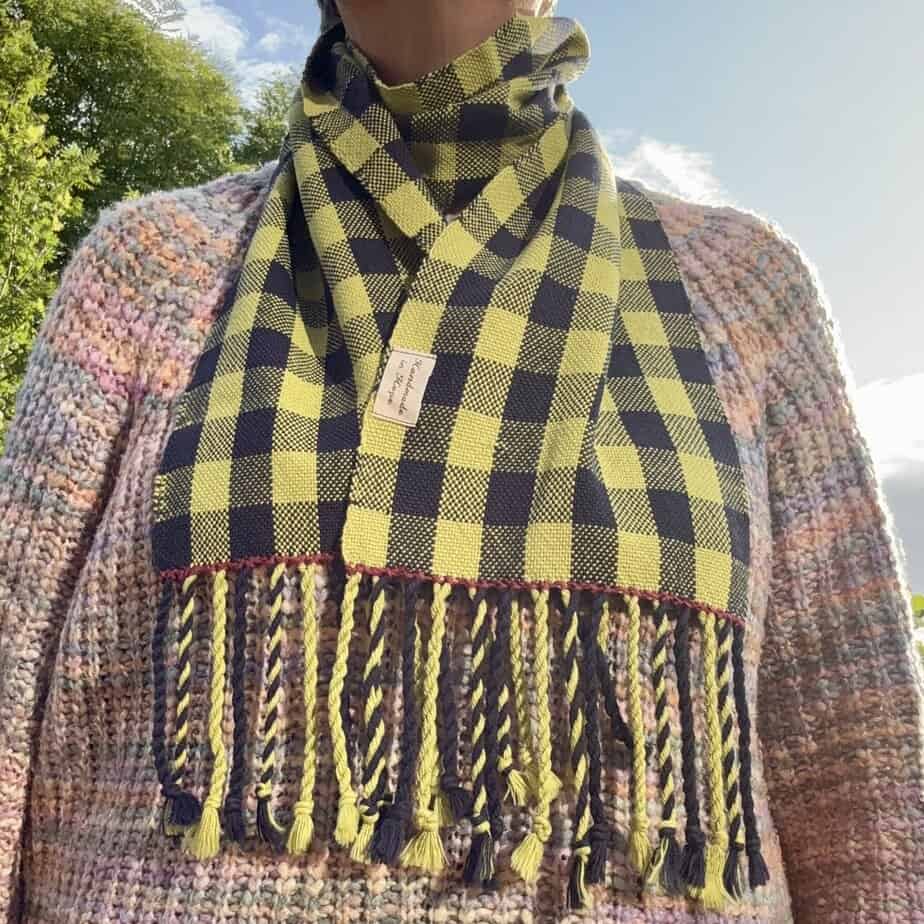 Handwoven Cotton Scarf in Lime Green and Navy - handmade by Handmade In Hope (view 2)