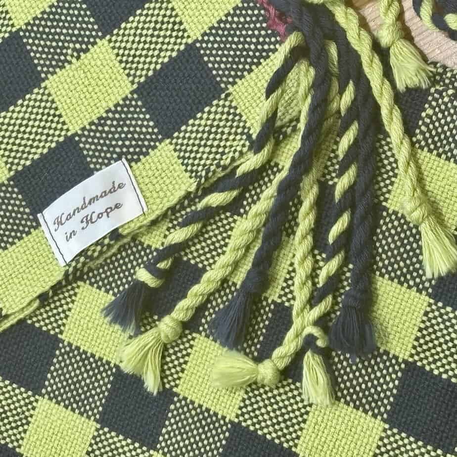 Handwoven Cotton Scarf in Lime Green and Navy - handmade by Handmade In Hope