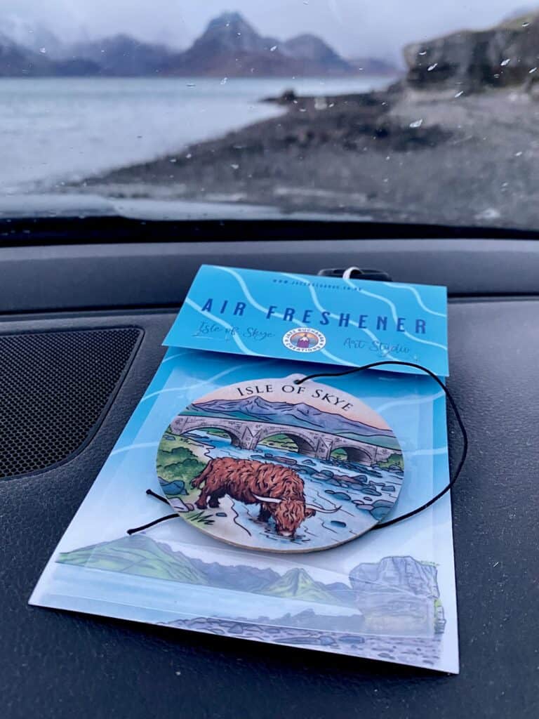 Car air freshener with Highland Cow at Sligachan Old Bridge