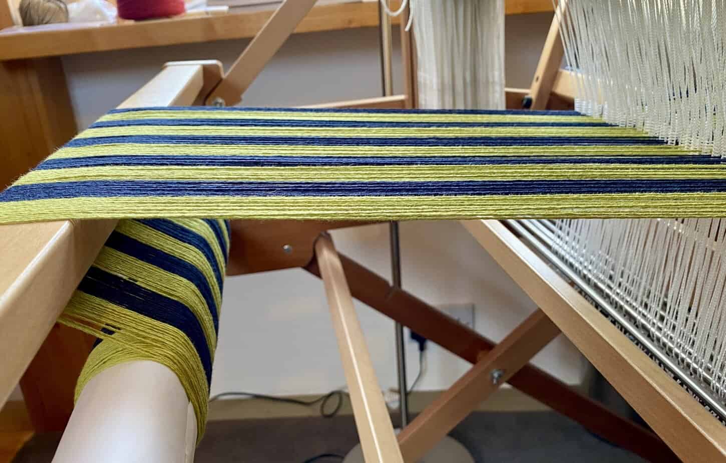 Handwoven Cotton Scarf in Lime Green and Navy - handmade by Handmade In Hope (view 3)