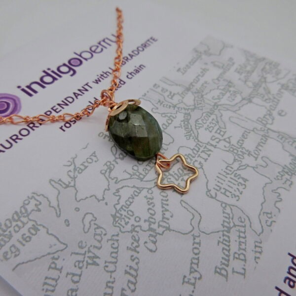 Aurora Pendant featuring labradorite on rose gold plated chain.