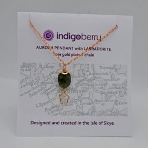 Aurora Pendant with rose gold plated chain on signature Indigo Berry packaging.