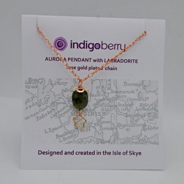 Aurora Pendant with rose gold plated chain on signature Indigo Berry packaging.
