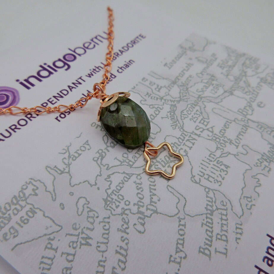 Aurora Pendant featuring labradorite on rose gold plated chain.