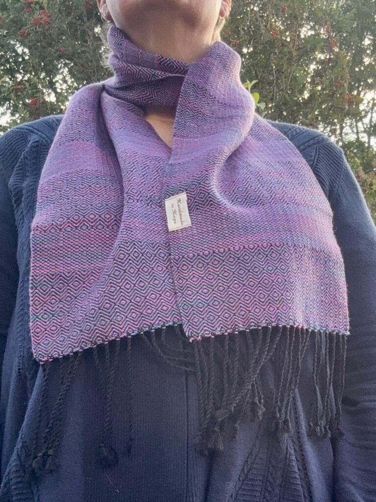 Handwoven Woollen Scarf in Pink Multicolour and Black - handmade by Handmade In Hope (view 5)