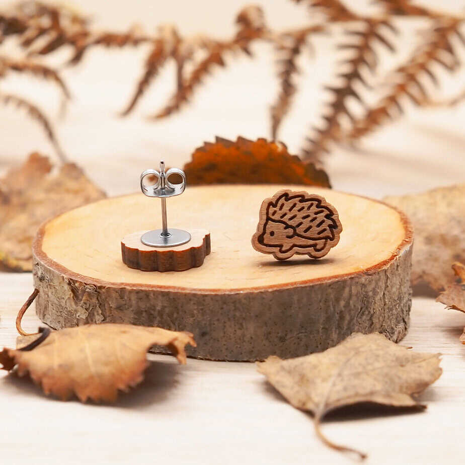 Hedgehog Wooden Stud Earrings - handmade by The Crafting Croft (view 2)