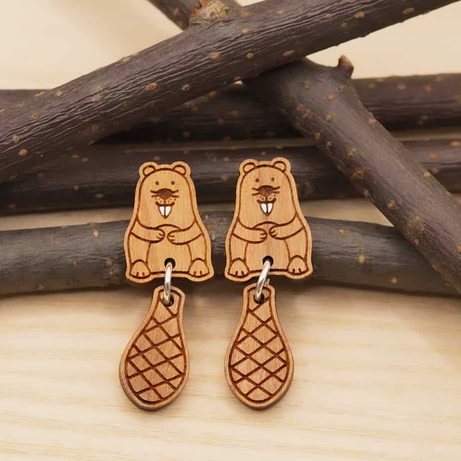 Beaver Wooden Stud Earrings - handmade by The Crafting Croft (view 2)