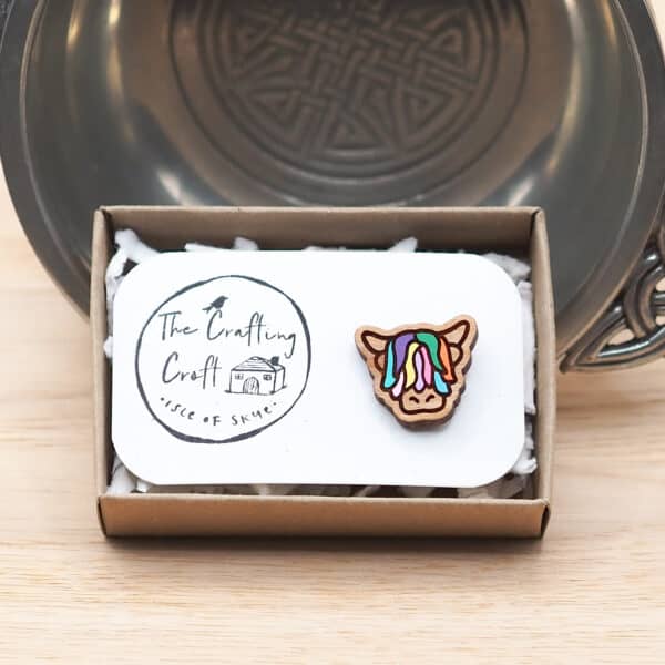 Multi Coloured Wooden Highland Cow Pin Badge