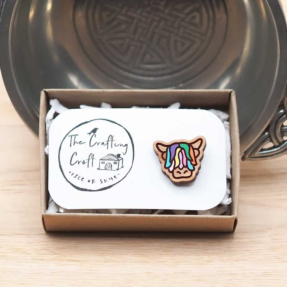 Multi Coloured Wooden Highland Cow Pin Badge - Image 3
