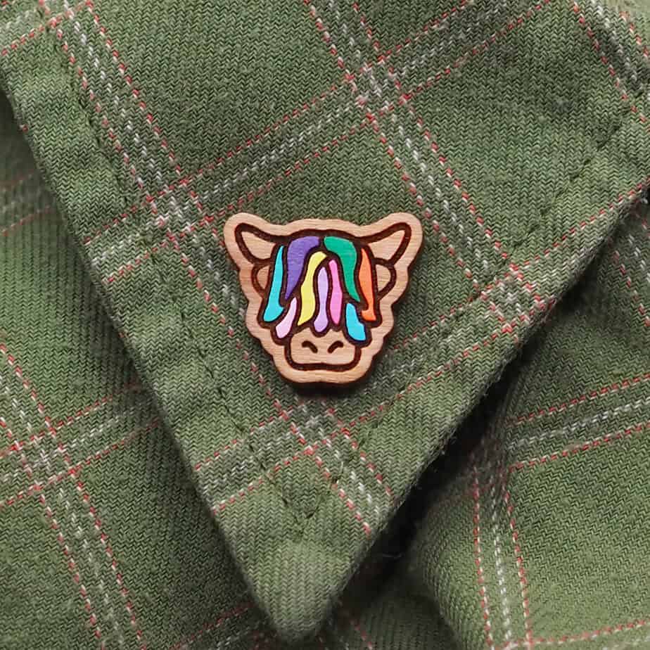 Multi Coloured Wooden Highland Cow Pin Badge - Image 1