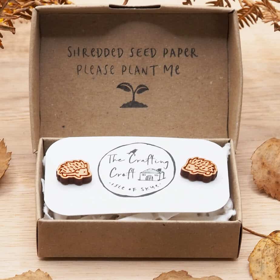 Hedgehog Wooden Stud Earrings - handmade by The Crafting Croft (view 4)
