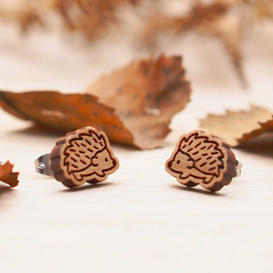 Hedgehog Wooden Stud Earrings - handmade by The Crafting Croft