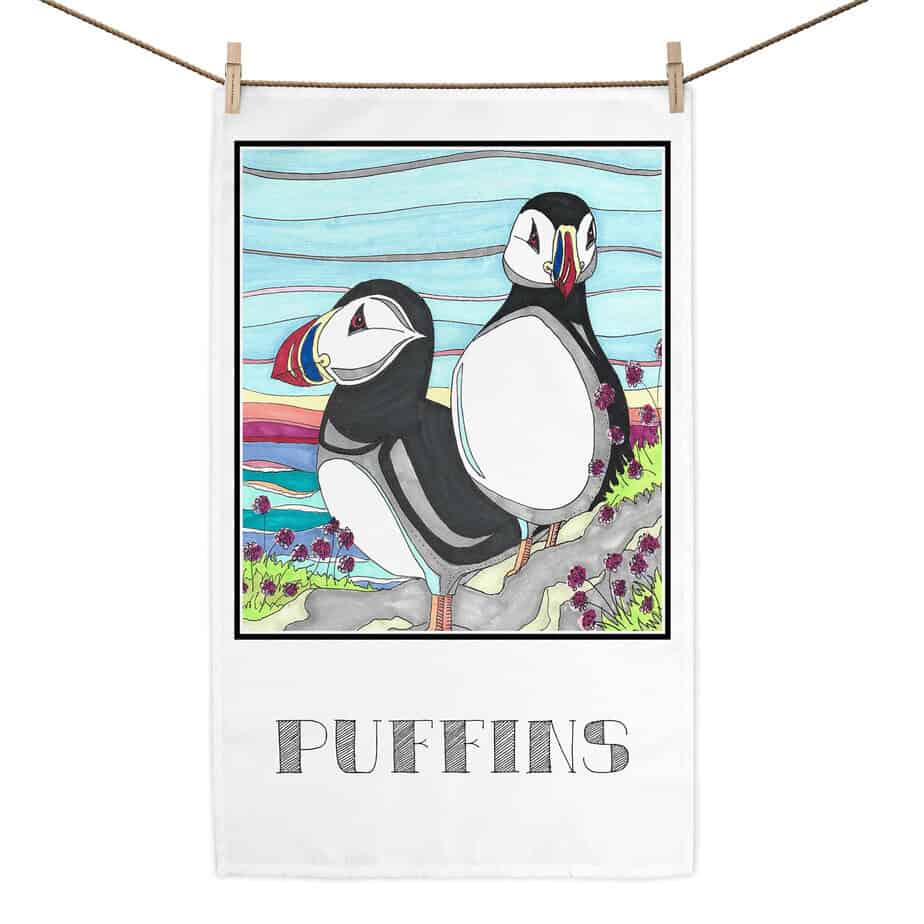 Puffin Tea Towel - handmade by Fishing Float Art