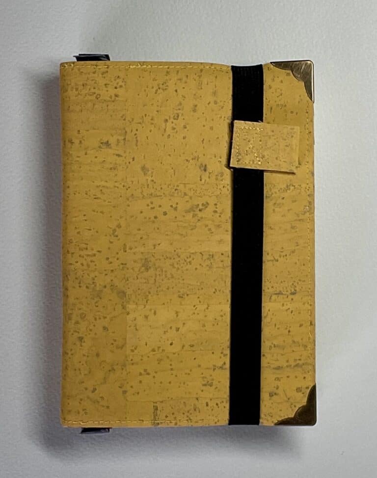 Flexible yellow cork covered Journal with a 100% rag plain paper block and elastic/cork pen holder. - handmade by Brue Art (view 2)