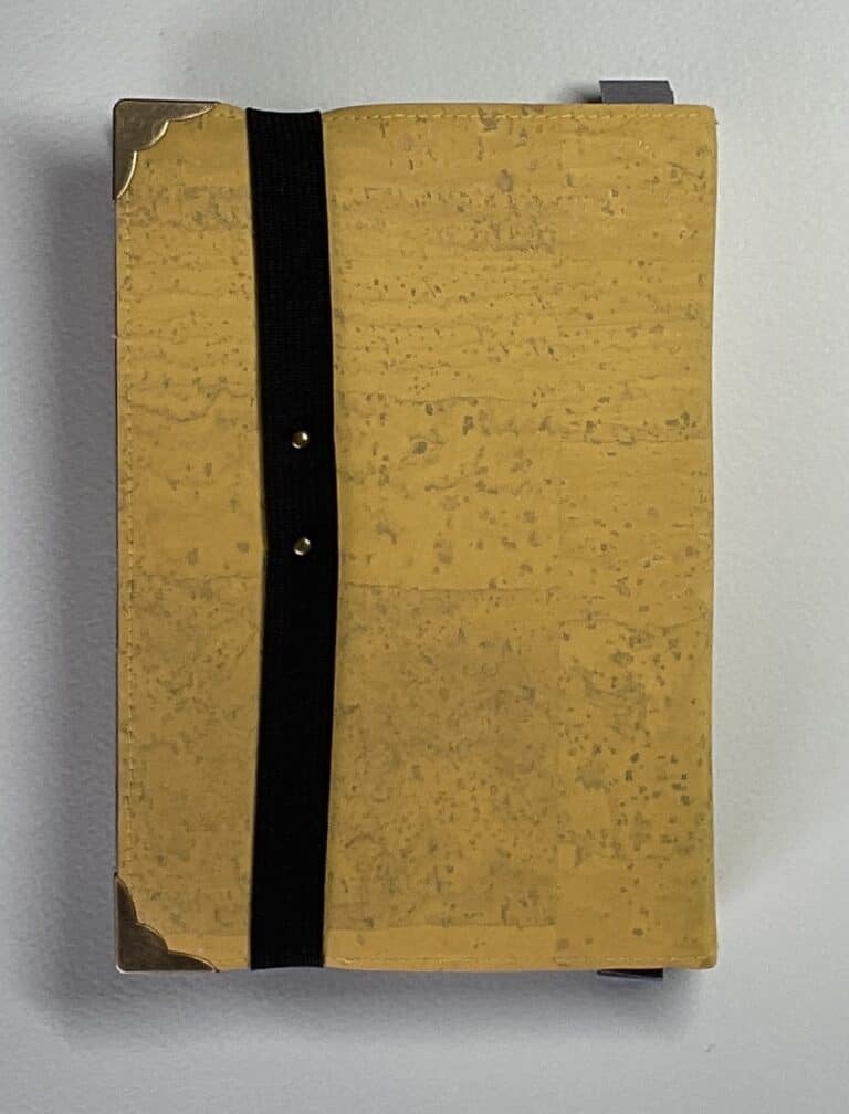 Flexible yellow cork covered Journal with a 100% rag plain paper block and elastic/cork pen holder. - handmade by Brue Art (view 3)