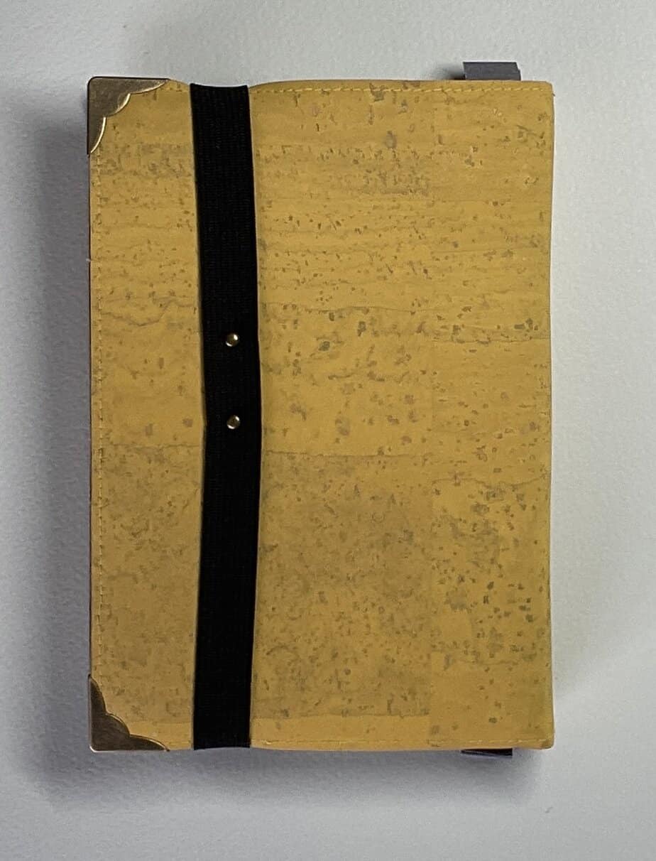 Flexible yellow cork covered Journal with a 100% rag plain paper block and elastic/cork pen holder. - handmade by Brue Art (view 3)