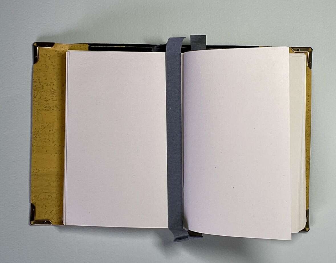 Flexible yellow cork covered Journal with a 100% rag plain paper block and elastic/cork pen holder. - handmade by Brue Art (view 5)