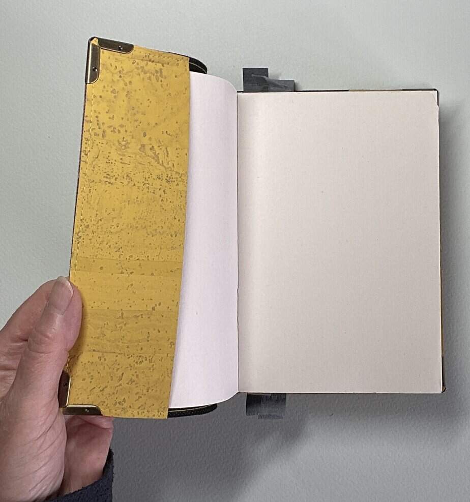 Flexible yellow cork covered Journal with a 100% rag plain paper block and elastic/cork pen holder. - handmade by Brue Art (view 7)