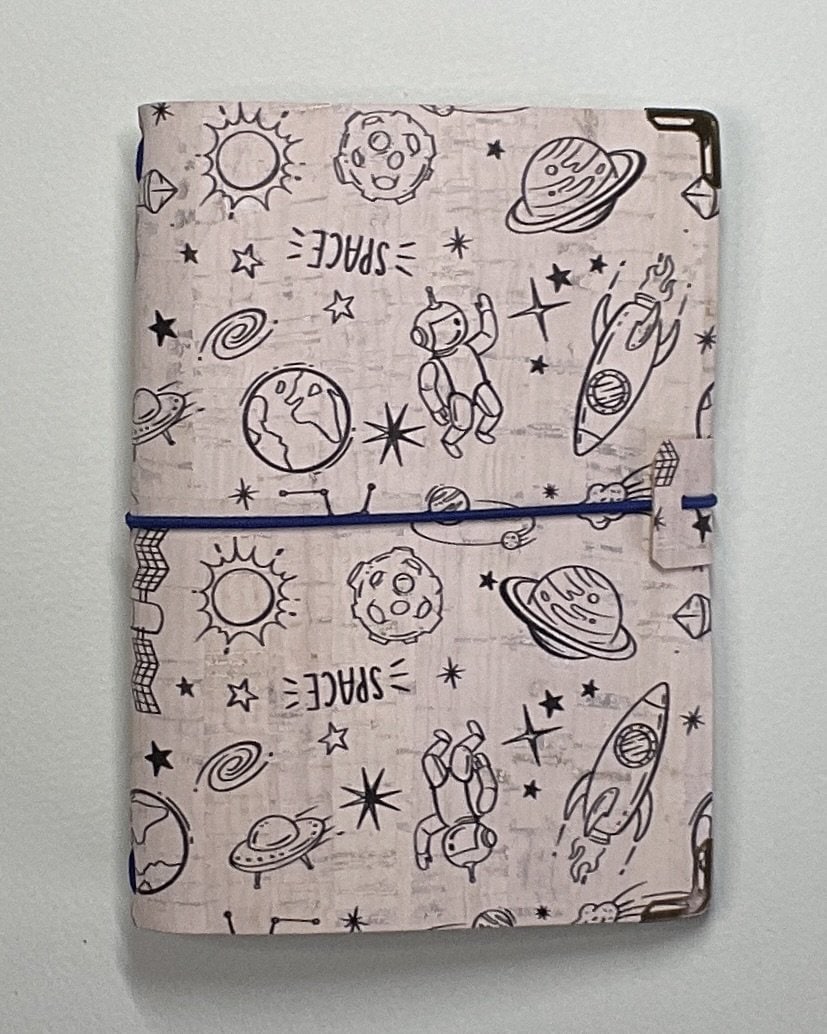 A6 cork covered journal, space inspired print