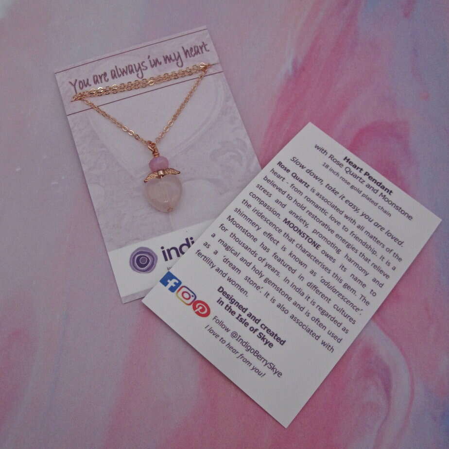 Rose Quartz heart shaped pendant with pink moonstone and rose gold chain