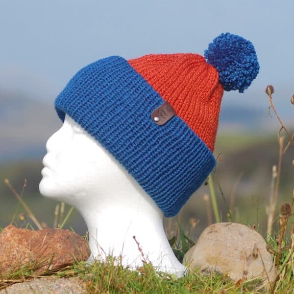 Rust hat with a Teal brim - handmade by Lismore Knitwear