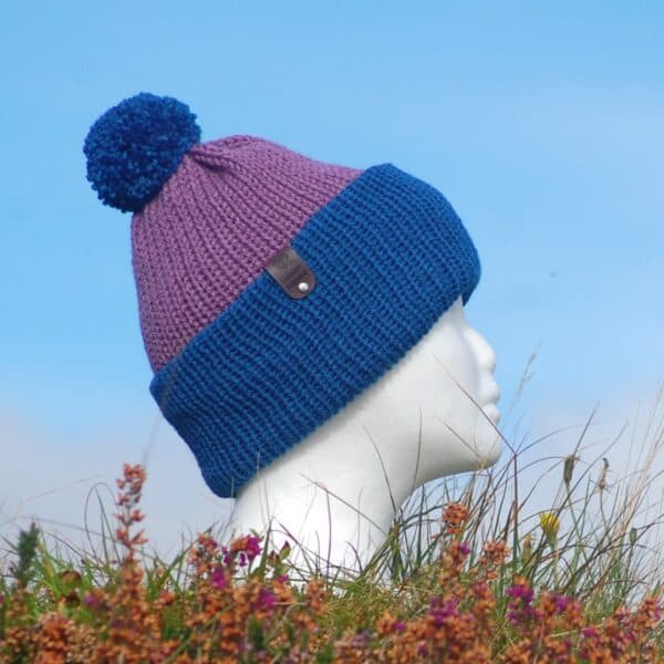 Grape hat with a Teal brim - handmade by Lismore Knitwear
