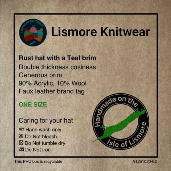 Rust hat with a Teal brim - handmade by Lismore Knitwear (view 3)