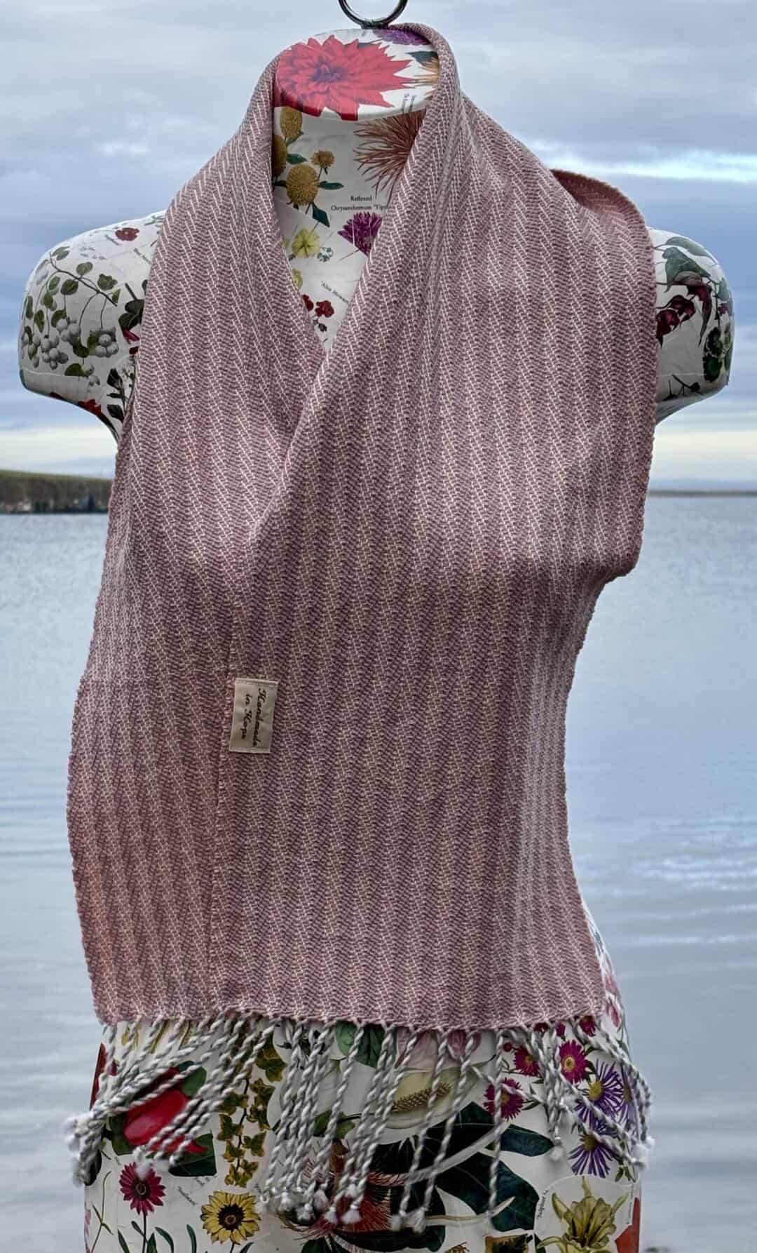 Handwoven Merino Scarf in Pale Pink, Cream & Grey - Image 2
