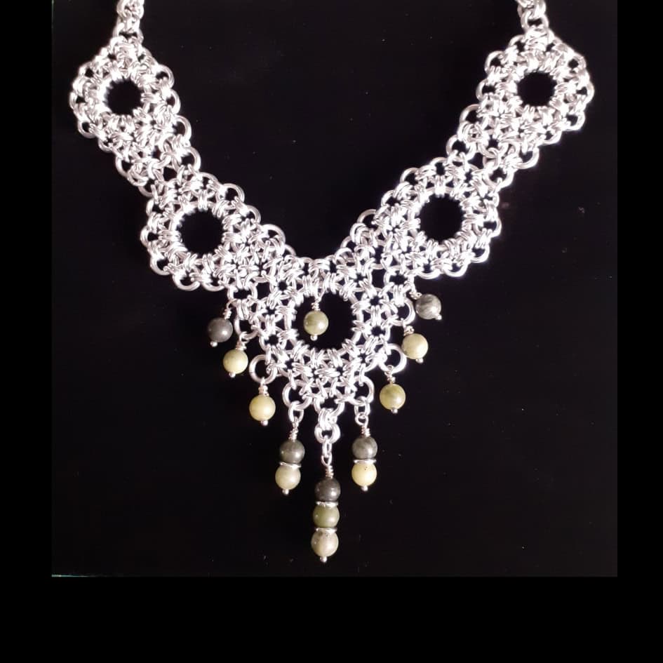 Chainmaille Princess Floral Chinese Jade Drop Necklace - handmade by Quiet Space Arts (view 4)