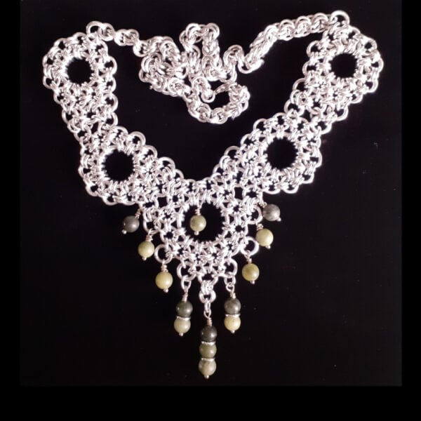 Chainmaille Princess Floral Chinese Jade Drop Necklace - handmade by Quiet Space Arts (view 3)