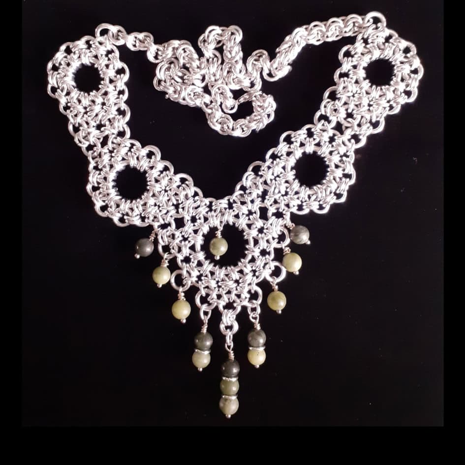 Chainmaille Princess Floral Chinese Jade Drop Necklace - handmade by Quiet Space Arts (view 3)