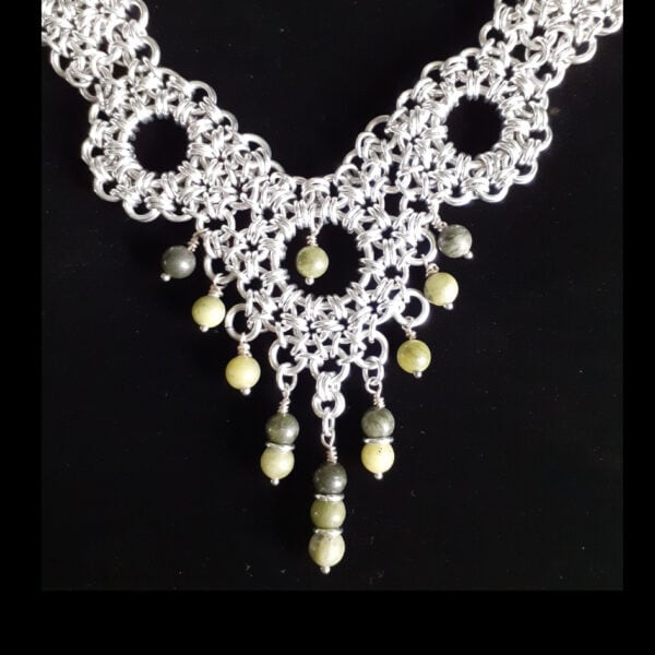 Chainmaille Princess Floral Chinese Jade Drop Necklace - handmade by Quiet Space Arts (view 5)