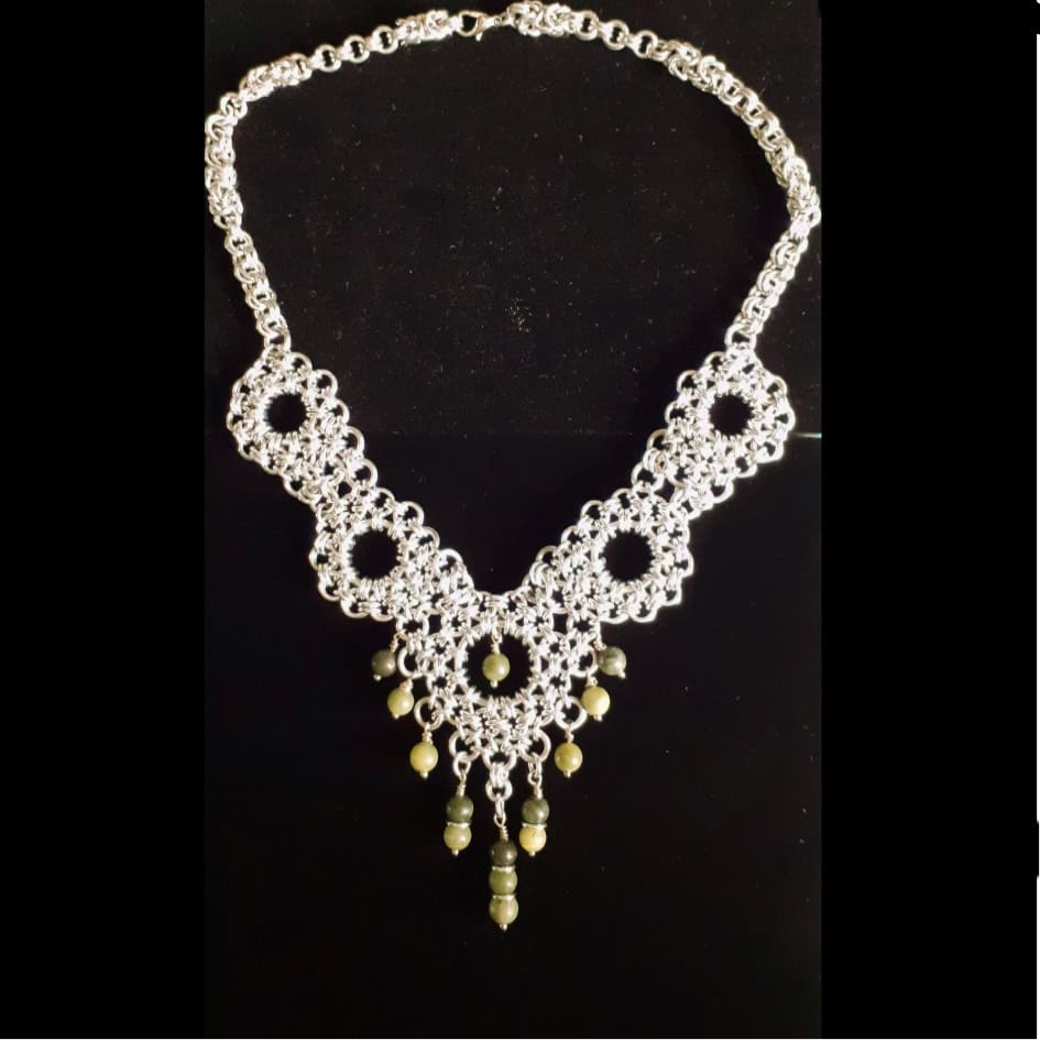 Chainmaille Princess Floral Chinese Jade Drop Necklace - handmade by Quiet Space Arts
