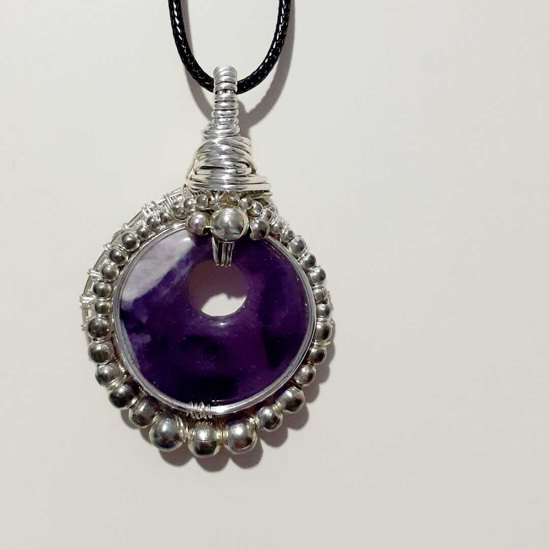 Amethyst Donut with Silver Plated Copper Weft Necklace - handmade by Quiet Space Arts (view 2)