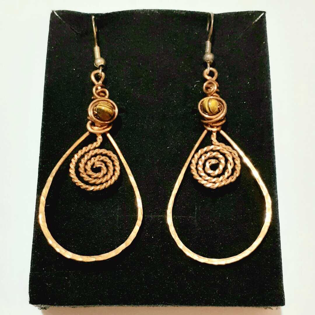 Boho Swirl Copper and Tigers Eye Drop Hook Earrings - Image 3
