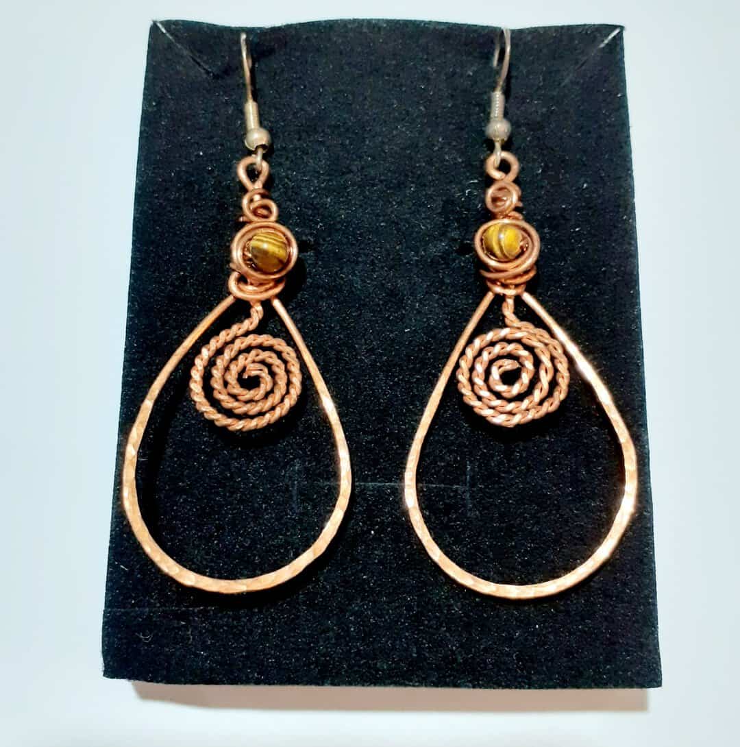 Boho Swirl Copper and Tigers Eye Drop Hook Earrings - Image 2