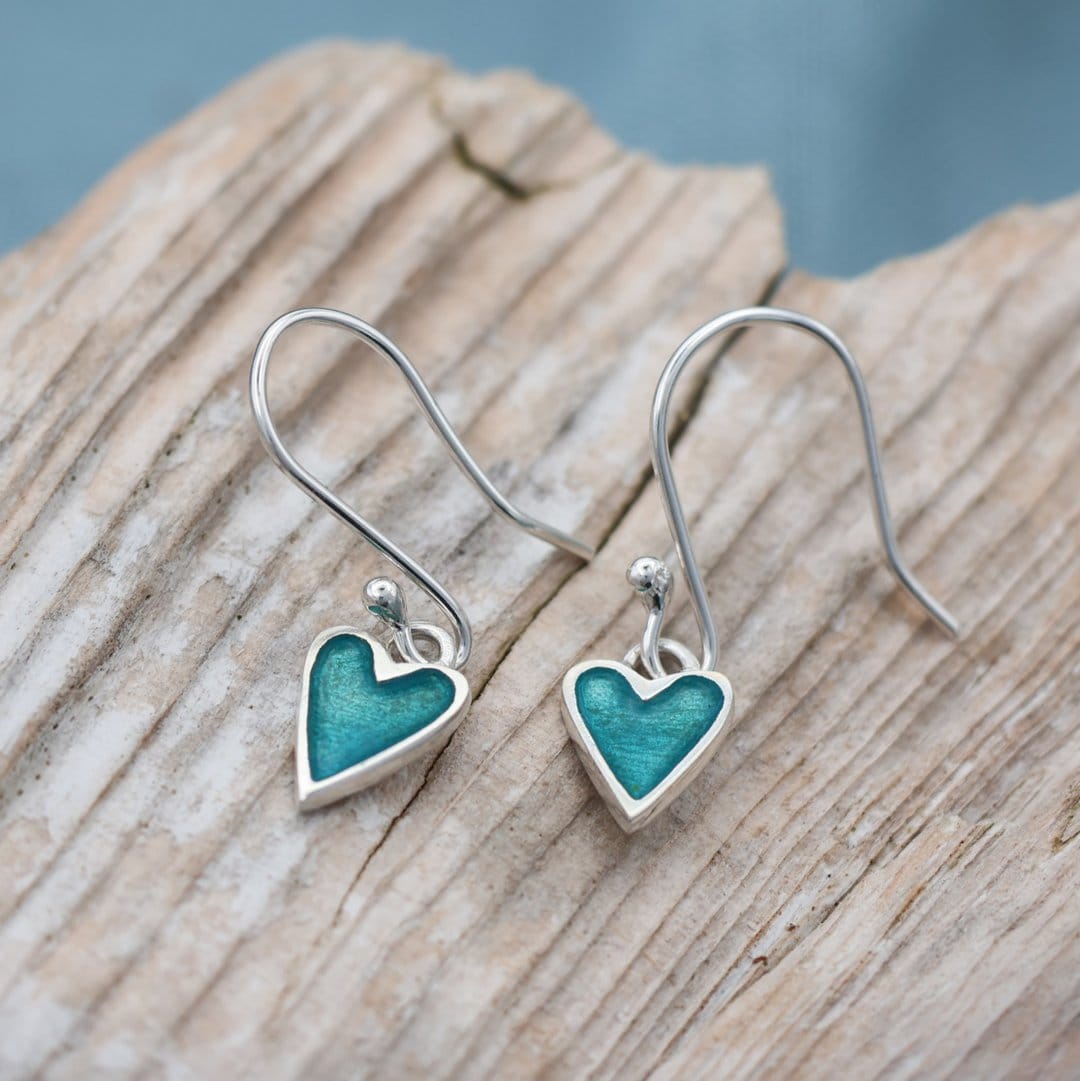 Enamelled Heart Drop Earrings, Sea Green