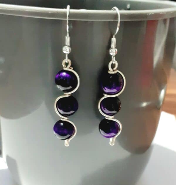 Purple Tigers Eye Beaded Earrings - handmade by Quiet Space Arts (view 2)