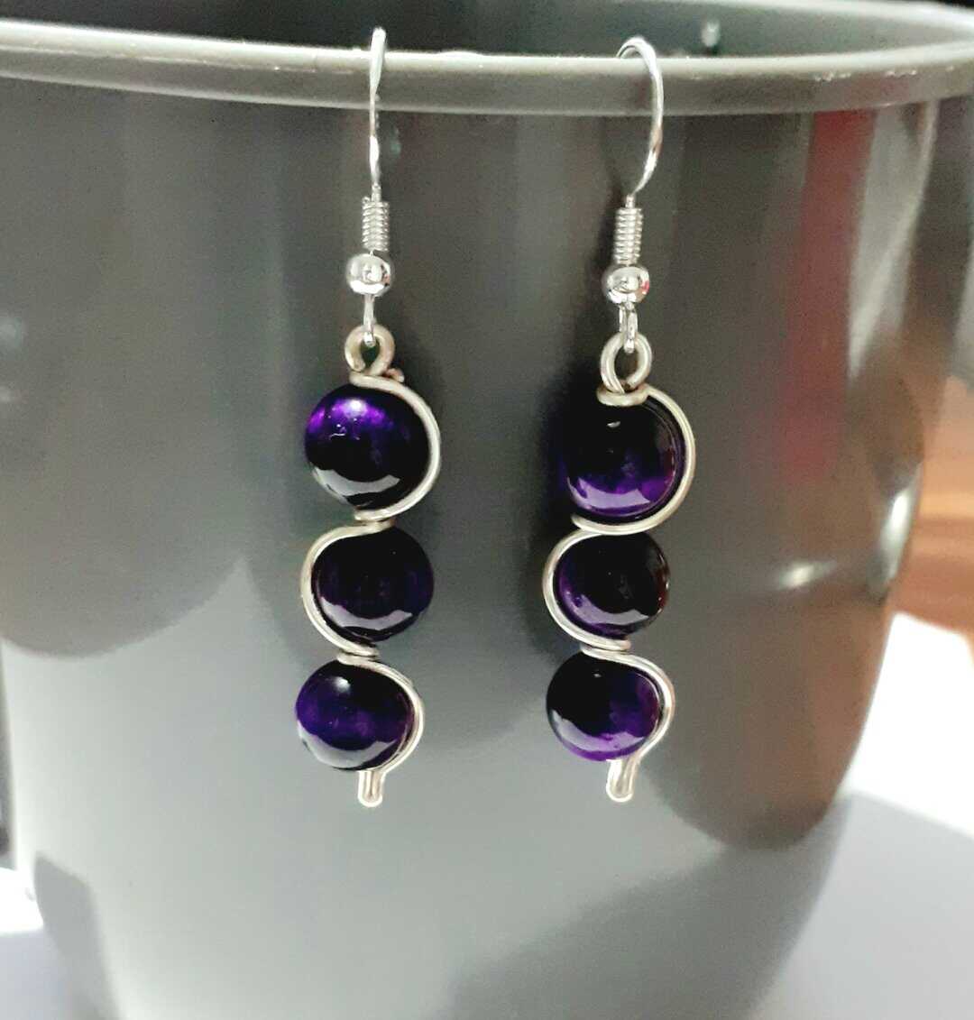 Purple Tigers Eye Beaded Earrings - handmade by Quiet Space Arts (view 2)
