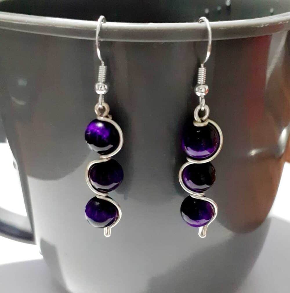 Purple Tigers Eye Beaded Earrings - handmade by Quiet Space Arts