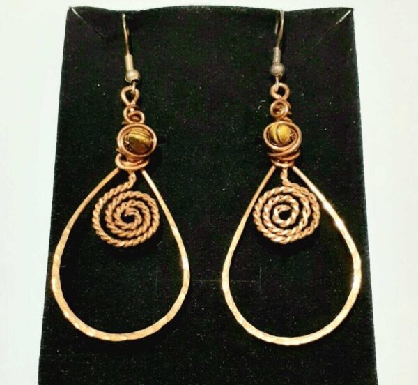 Boho Swirl Copper and Tigers Eye Drop Hook Earrings