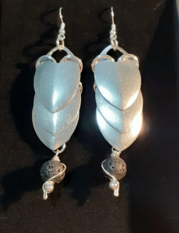 Chainmaille Dragon Scales Earrings with Lava Stone Beads - handmade by Quiet Space Arts