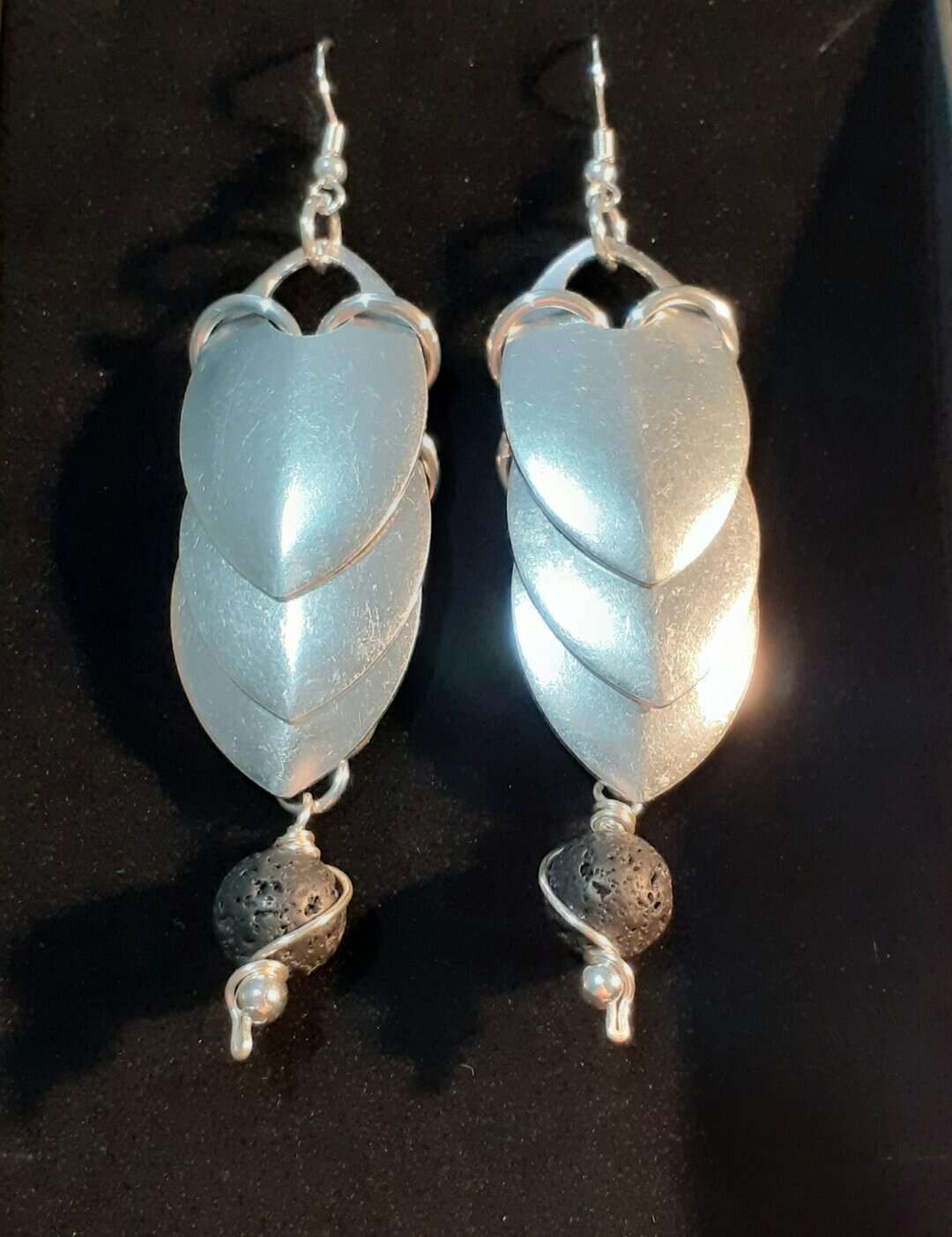 Chainmaille Dragon Scales Earrings with Lava Stone Beads - handmade by Quiet Space Arts