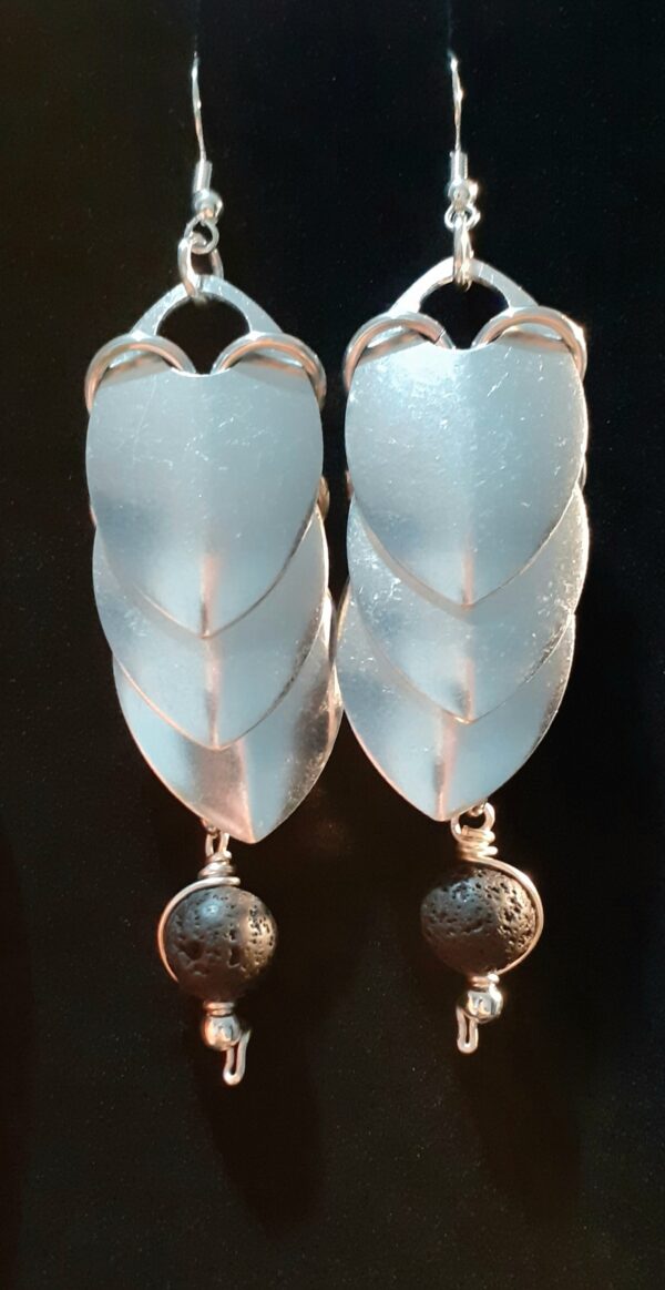 Chainmaille Dragon Scales Earrings with Lava Stone Beads - handmade by Quiet Space Arts (view 4)