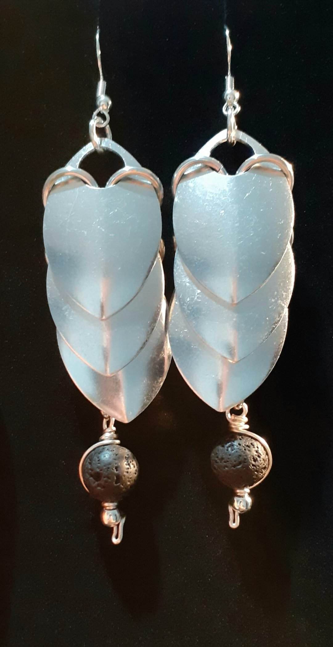 Chainmaille Dragon Scales Earrings with Lava Stone Beads - handmade by Quiet Space Arts (view 4)